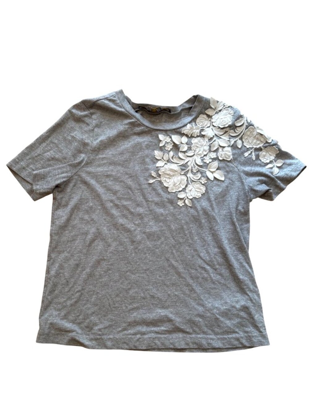 Pankaj & Nidhi Women's Short Sleeve Top Sz XS Gray Floral Applique Anthropologie